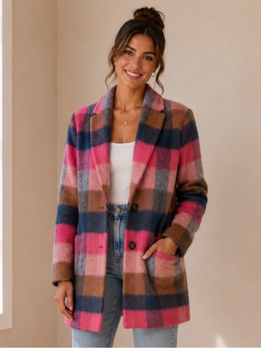 Ann Taylor Pink Navy Brown Plaid Blazer Coat